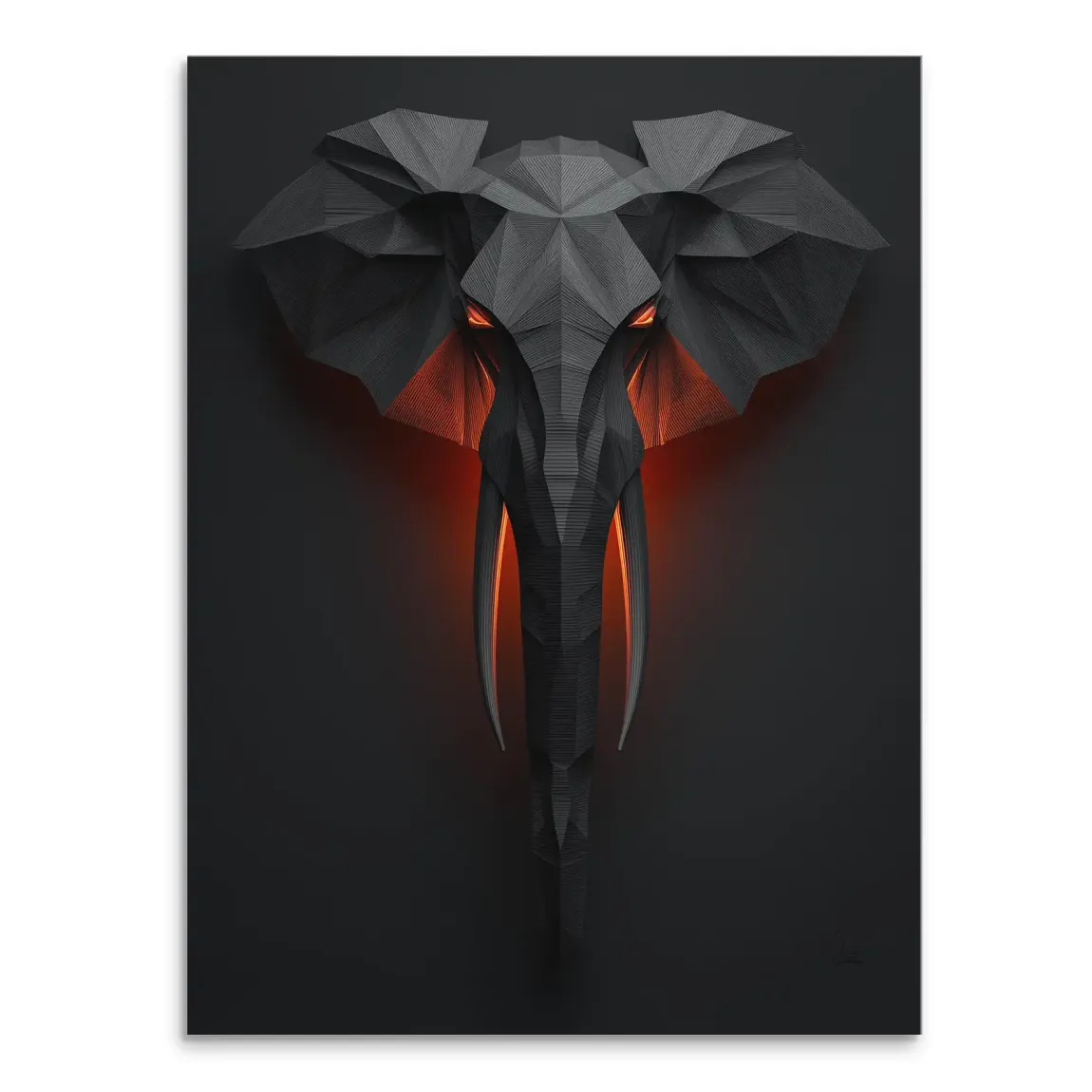 Portrait-oriented mystical elephant canvas art with a geometric low-poly style, dark grey and black tones, and glowing orange-red eyes.