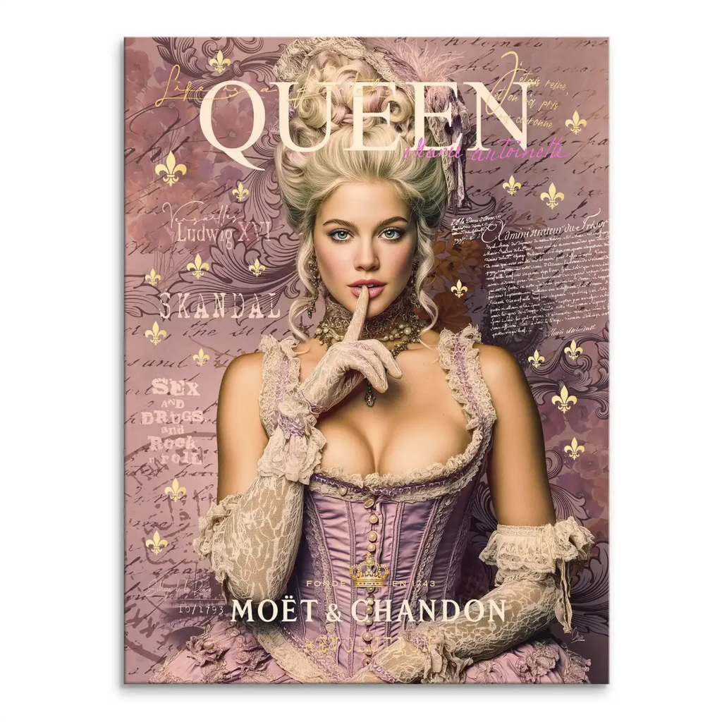 Modern rebel Marie Antoinette canvas art in Rococo gown with pearls and a shushing gesture