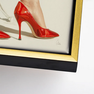 Contemporary fashion print with red heels and a minimal background.