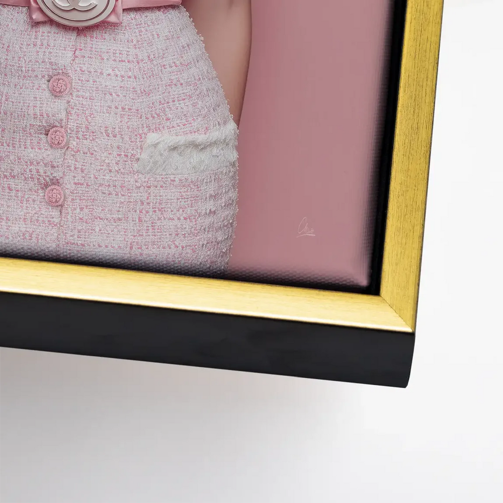 White accents and luxe detailing in a couture-inspired artwork.