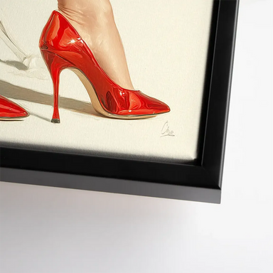 Close-up of glossy red footwear and a stylish drink on a light background.