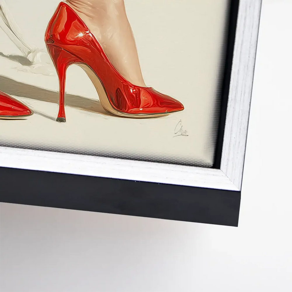 Portrait composition focusing on legs and red heels with a fashion-forward mood.