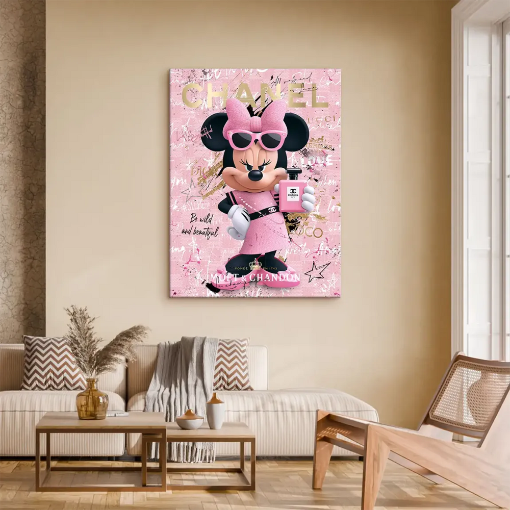 Minnie Mouse holding a pink Chanel perfume bottle on a pink rose background with gold leaf accents on canvas art.