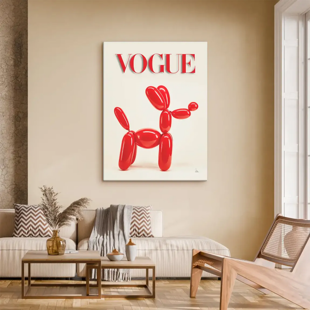 Fashion-inspired animal wall art: red balloon dog on cream canvas
