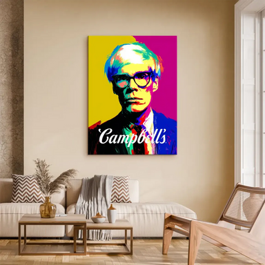 Bright yellow, magenta, electric blue, and lime green Warhol-style artwork featuring Campbell's logo.