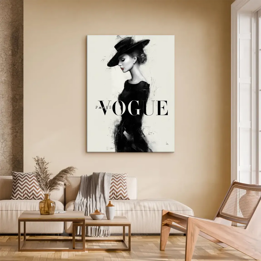 Monochrome fashion wall art with Vogue Paris branding and painterly brushstrokes