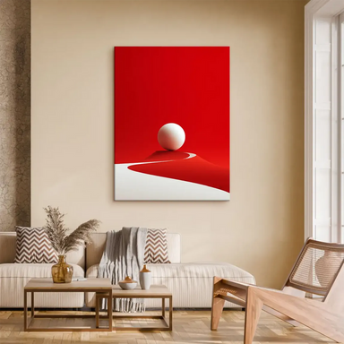 Abstract red and white canvas art with a spherical motif