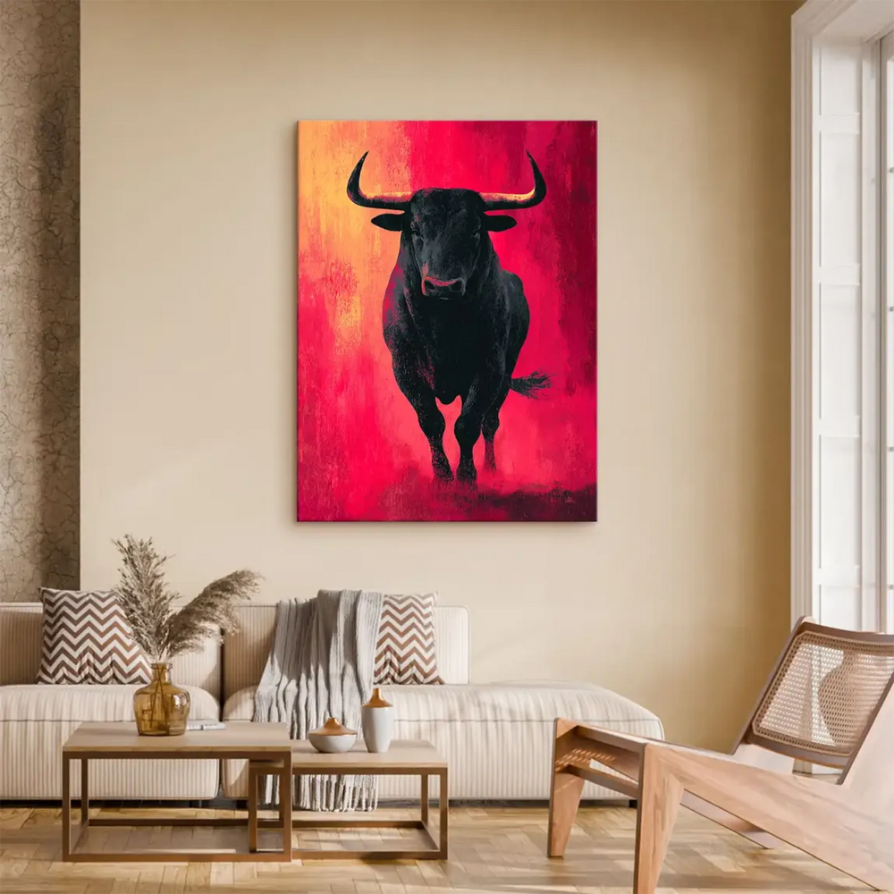 Textured brushstrokes and dramatic mood in a modern animal wall art piece of a black bull on red background.