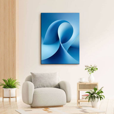 Fluid curving shapes resembling waves on blue canvas
