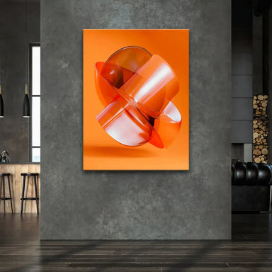 Close-up of warm orange and amber tones highlighting sculptural light effects in abstract wall art