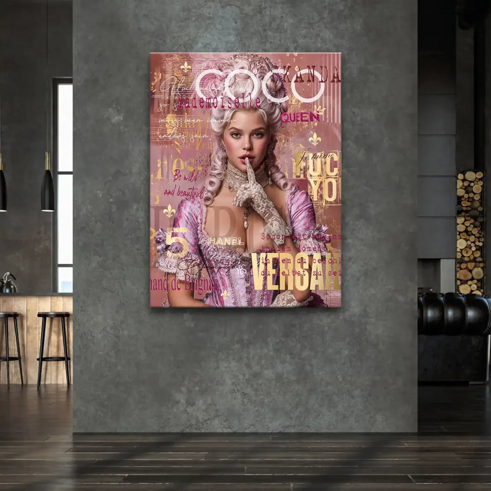 Bright pink and metallic gold portrait on canvas featuring bold typography like COCO CHANEL VERSAILLES.