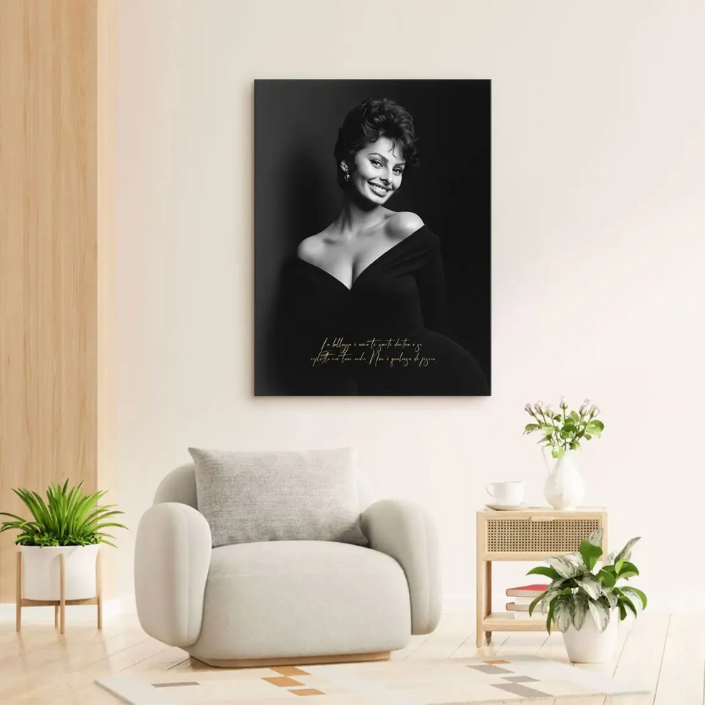 Sophia Loren portrait canvas wall art with off-the-shoulder dress and golden Italian quote