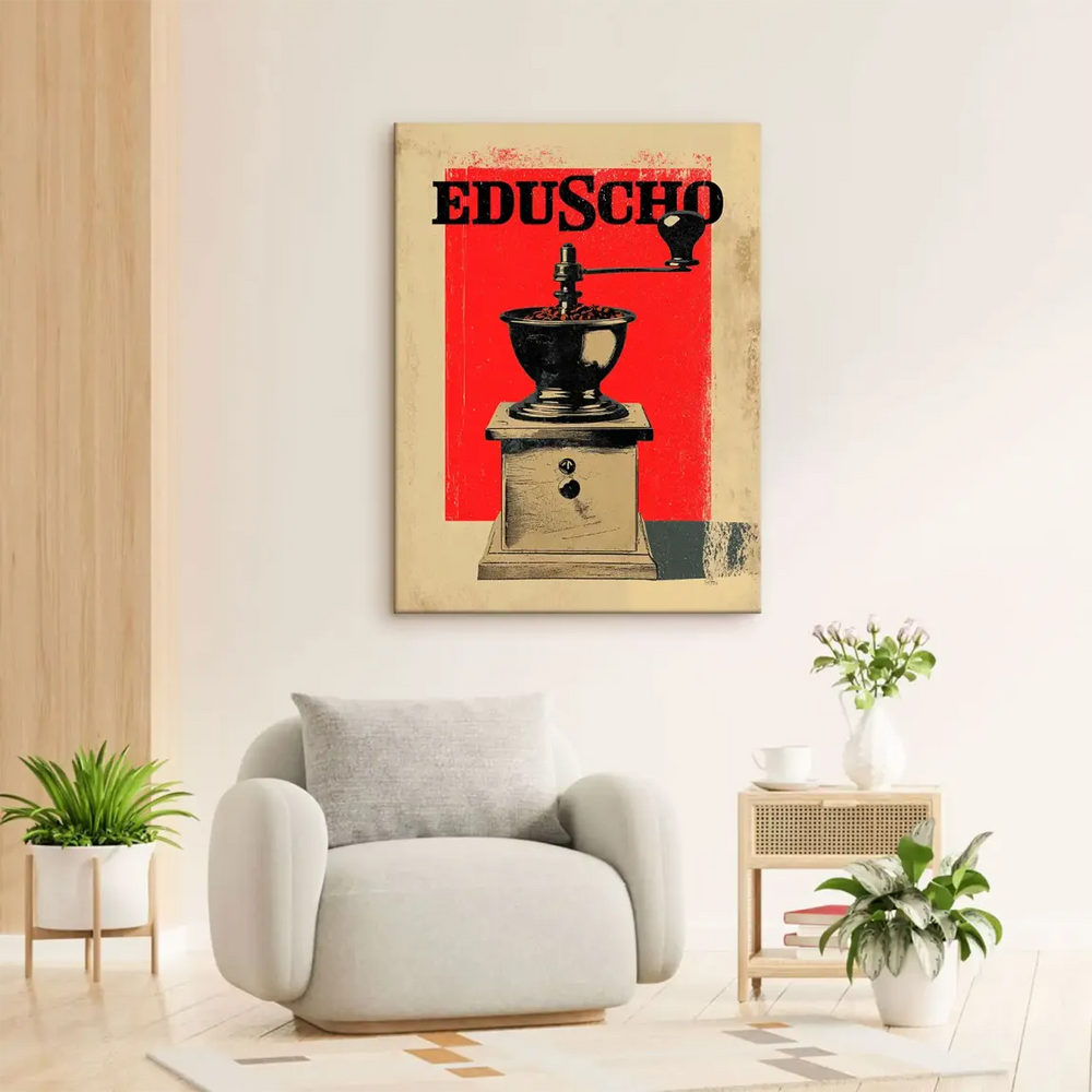 Retro beige distressed background with bold red and black palette for kitchen wall decor
