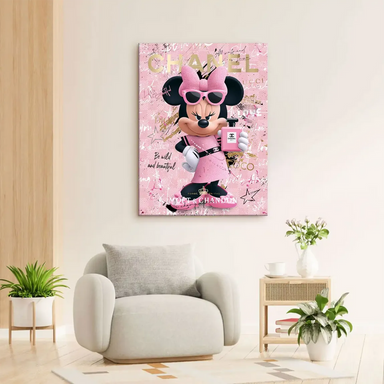 Pink rose background with paint splatters and luxury brand names on Minnie Mouse canvas art.