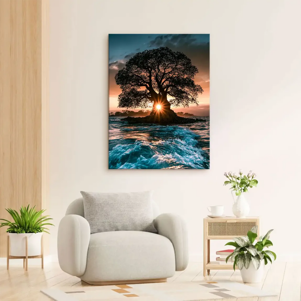 Sunburst behind the tree trunk with a warm orange-pink-yellow sky.