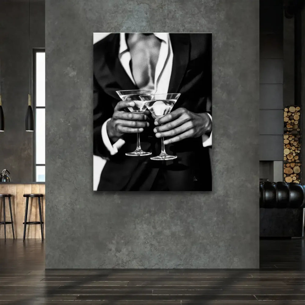 Monochrome fashion portrait highlighting hands, glasses, and upper torso