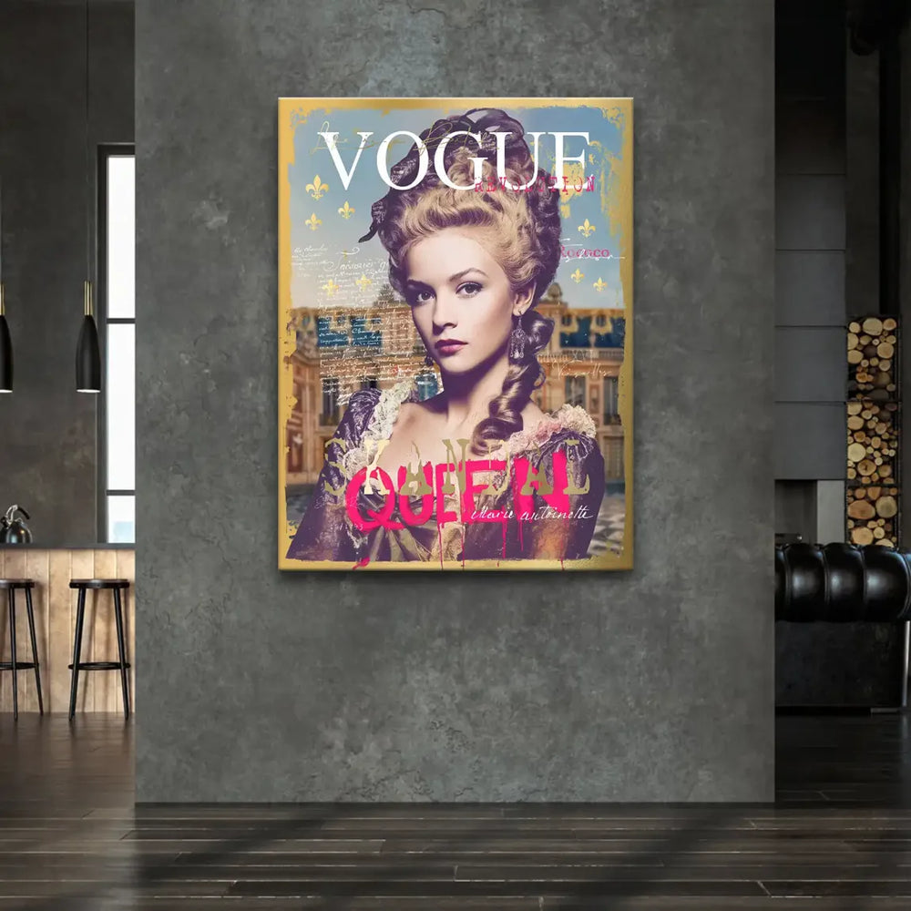 Close-up of VOGUE Revolution typography, fleur-de-lis symbols, and QUEEN in pink across the figure.