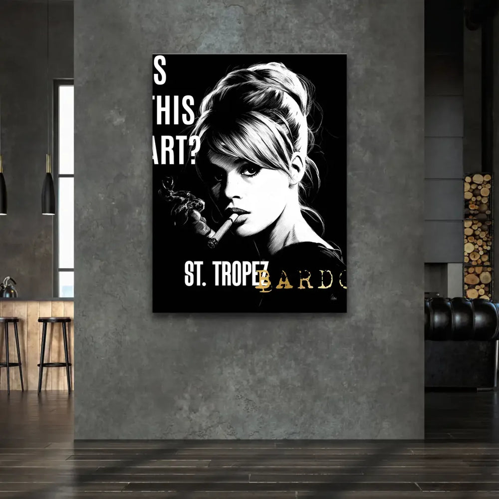 St. Tropez Bardot reference with white and gold typography at the base