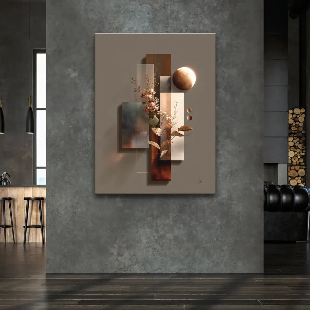 Close-up view of translucent brown and taupe rectangles with golden leaves and soft peach florals on the abstract canvas.