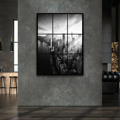 Central panel featuring dramatic sunlight breaking through clouds over the city