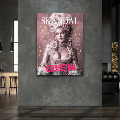 Pop art canvas showing a glamorous, powdered-wig woman with gold fleur-de-lis accents and modern street-art text.