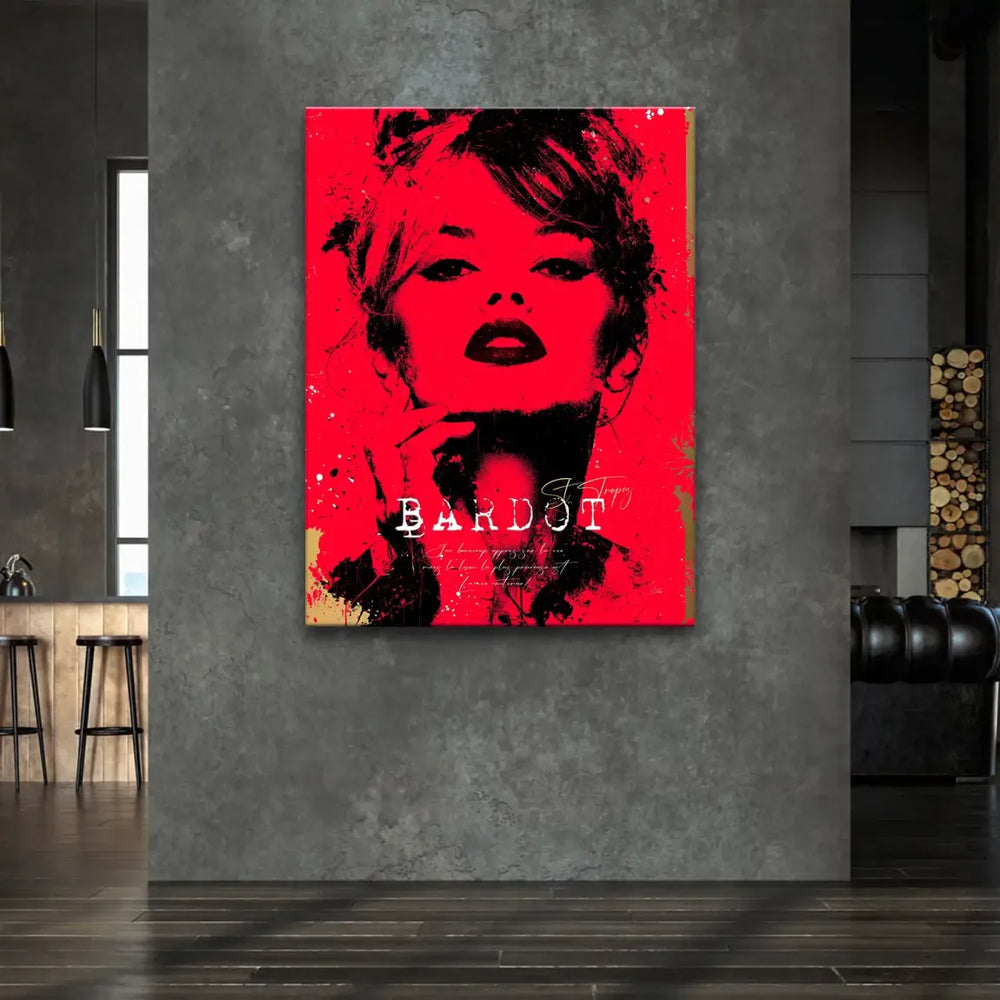 Centered face of Brigitte Bardot in a striking red Pop Art composition