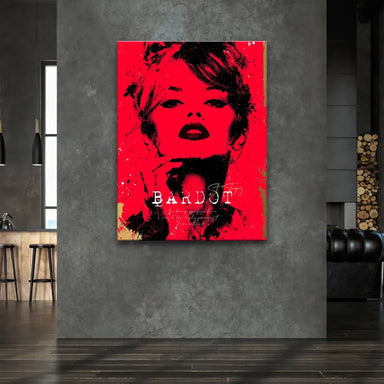 Centered face of Brigitte Bardot in a striking red Pop Art composition