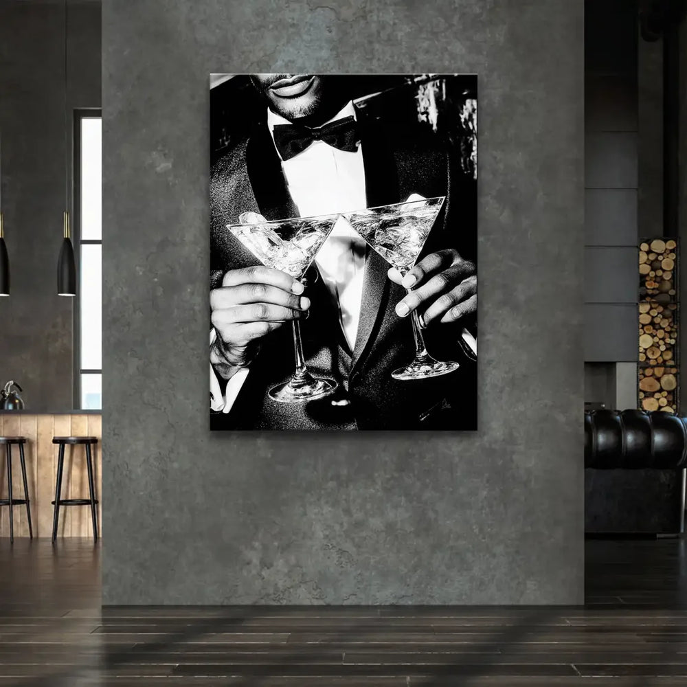 Elegant bar/cocktail themed canvas art featuring a stylish gentleman suitable for living rooms and dining areas