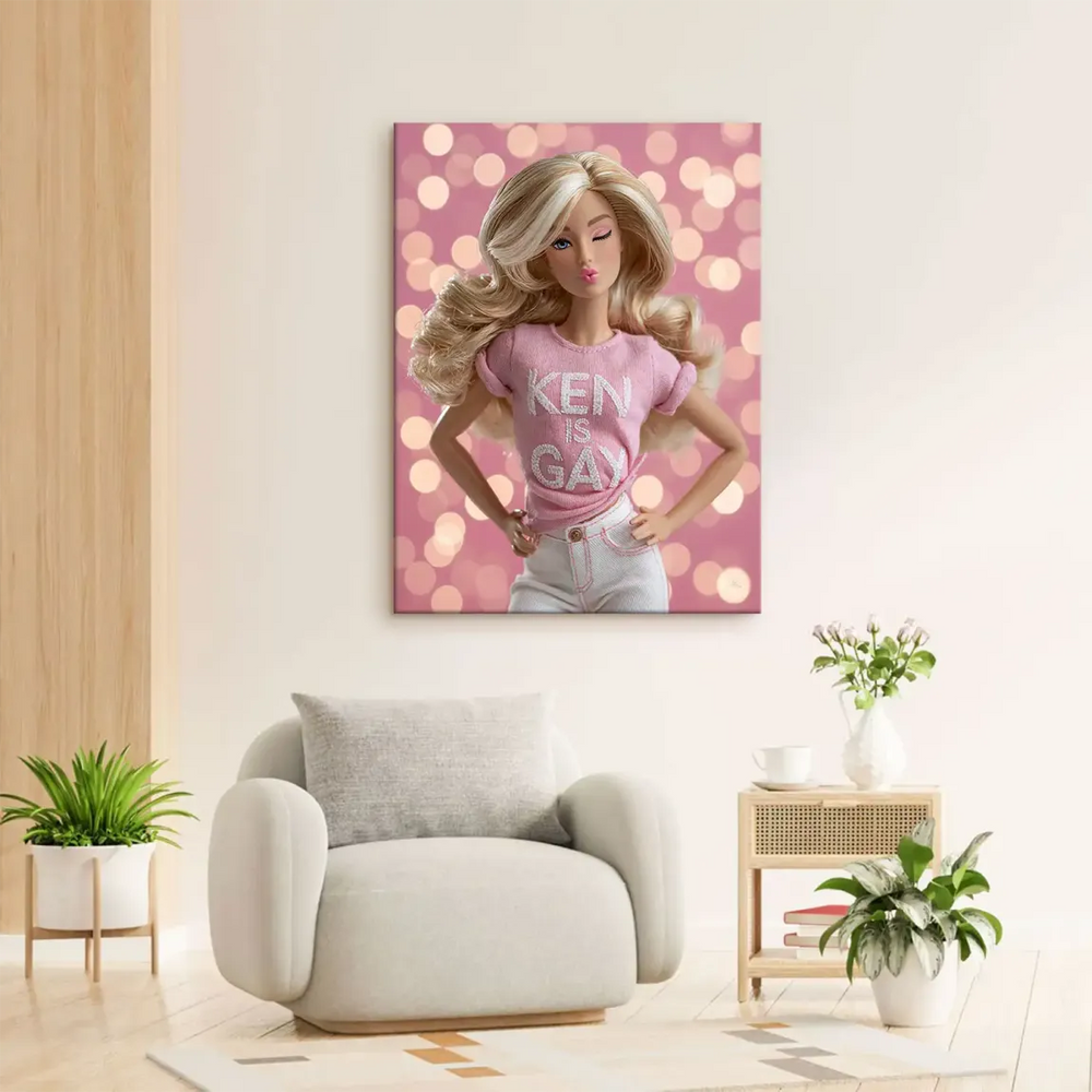 Close-up of the pink and white palette in a fashion-forward Pop Art wall art piece