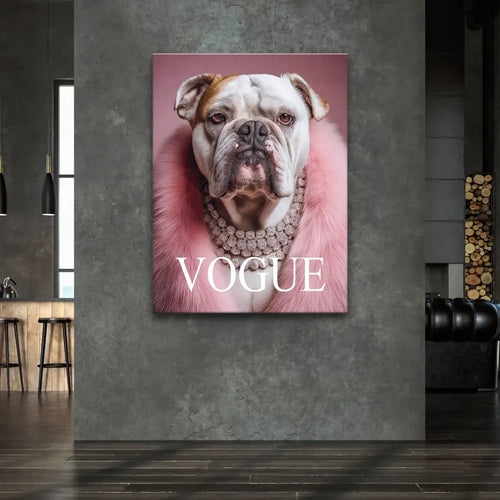 Close-up of the bulldog in pink fur and glittering necklace, Vogue lettering visible