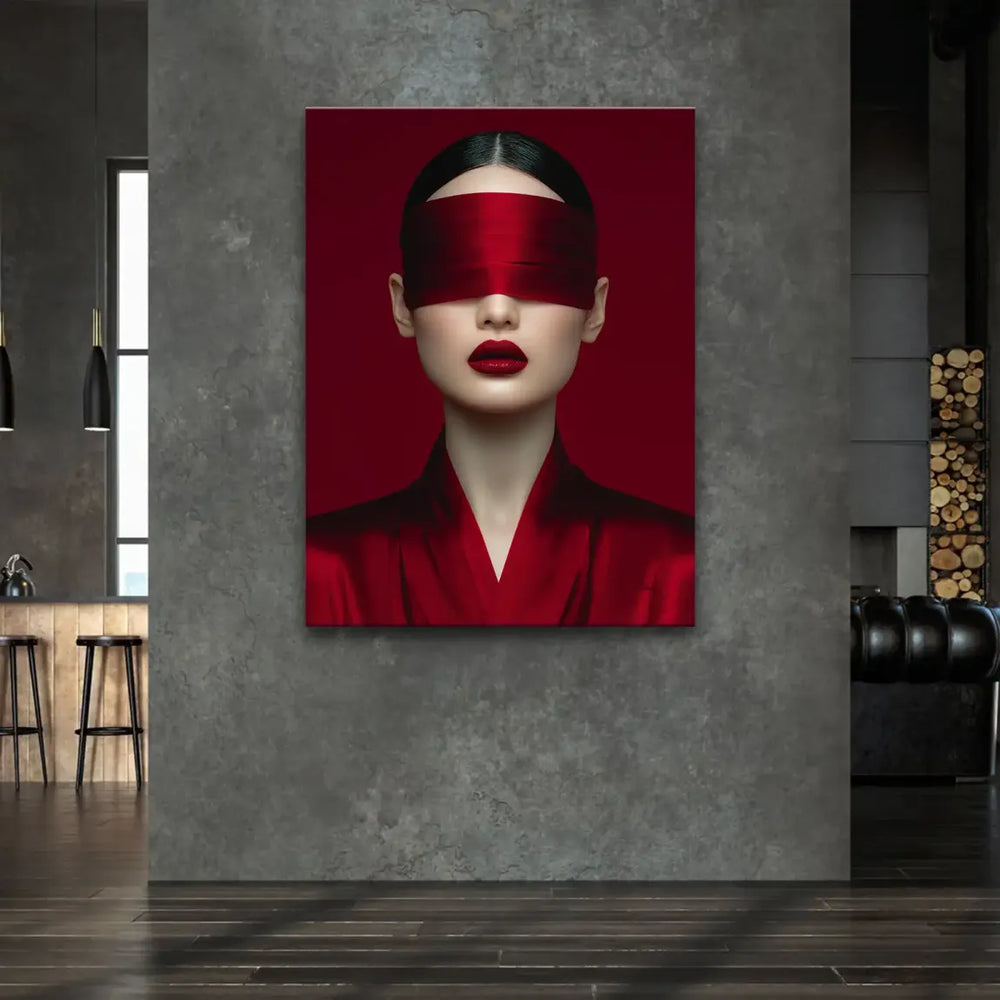 Minimalist red background artwork of a mysterious female figure