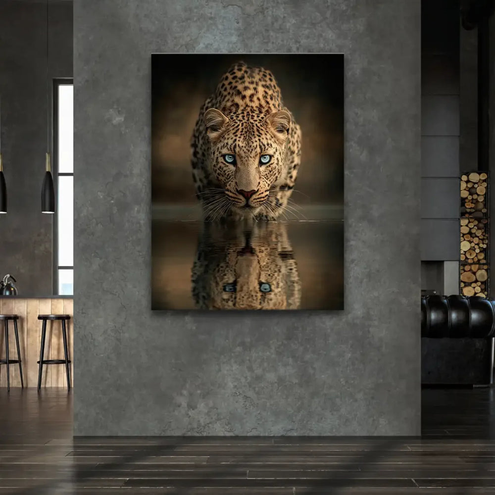 Leopard crouching in calm water in contemporary wildlife realism artwork