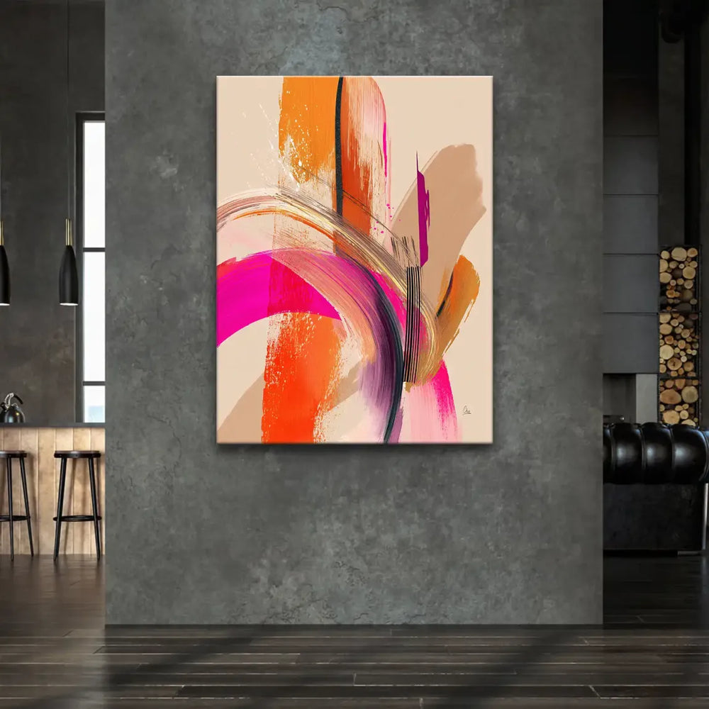 Dynamic arcs and swirling strokes in orange and amber create depth on the abstract wall art