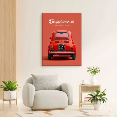 Bold red Fiat 500 car art with clean shapes and vintage Italian styling on a sunset backdrop