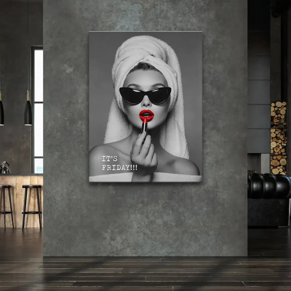 Bold IT'S FRIDAY text overlay on a chic vintage-inspired canvas print