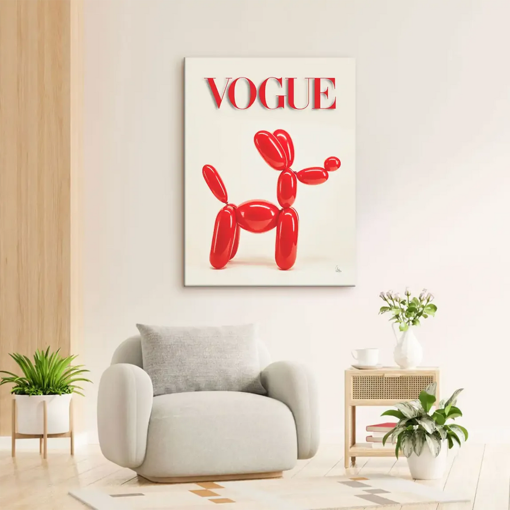 Pop art balloon dog wall art with red tones for modern interiors