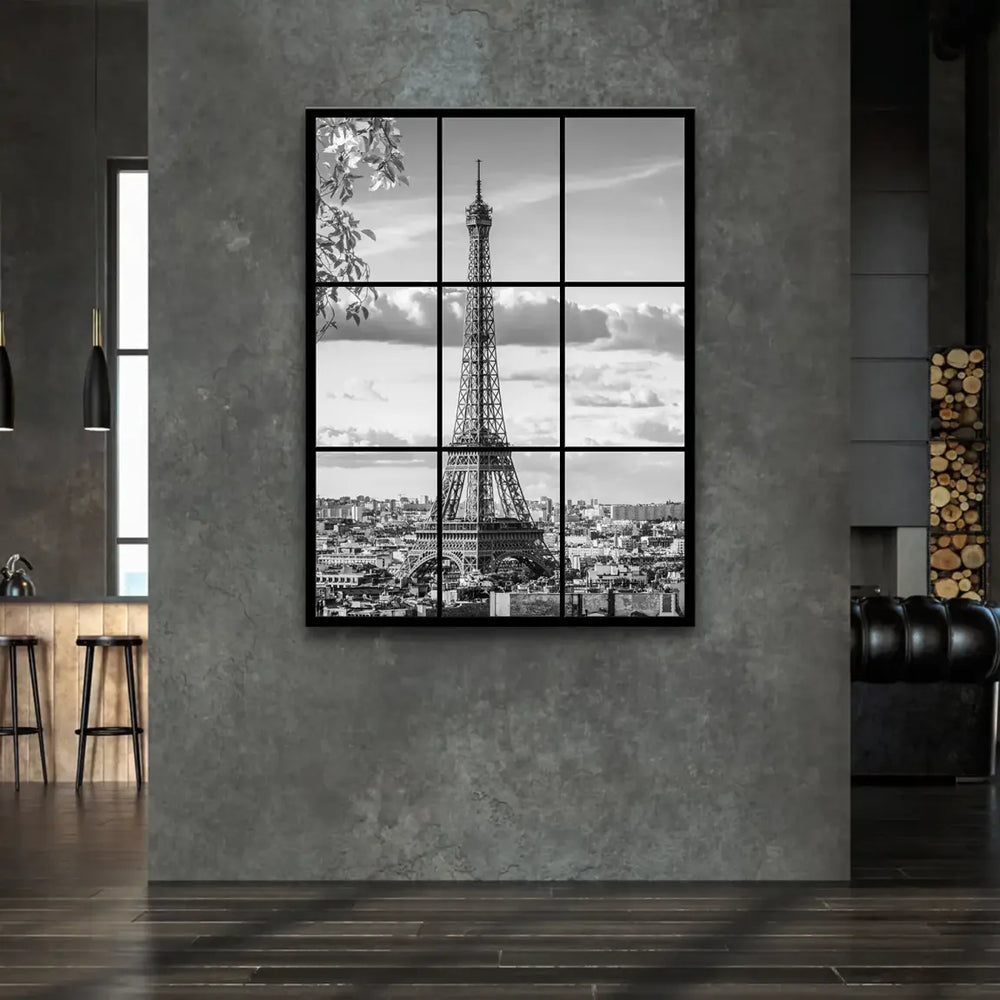 Window-view style Paris cityscape in black and white with foreground foliage in a nine-panel layout