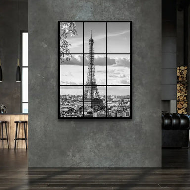 Window-view style Paris cityscape in black and white with foreground foliage in a nine-panel layout