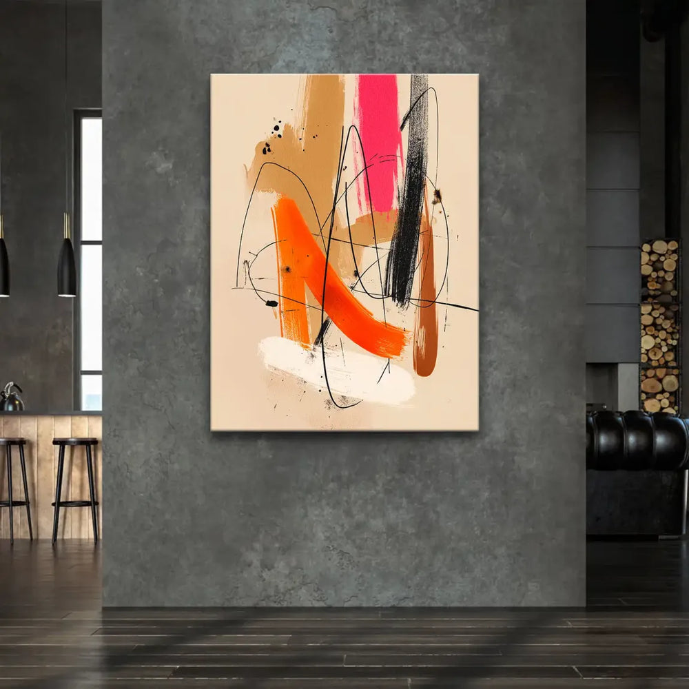 Vibrant modern abstract wall art on canvas featuring dynamic brushwork, strong color contrasts, and energetic composition