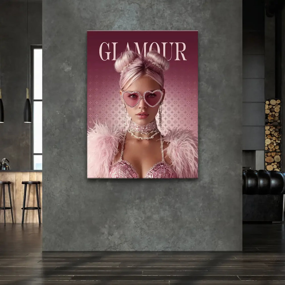 Close-up of pink hair and rhinestone accessories on a fashionable canvas wall art.