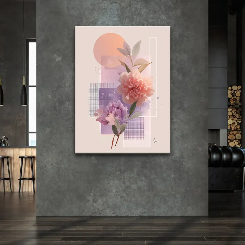Geometric pastel background with a warm peach circle and lavender shapes behind ethereal floral forms.