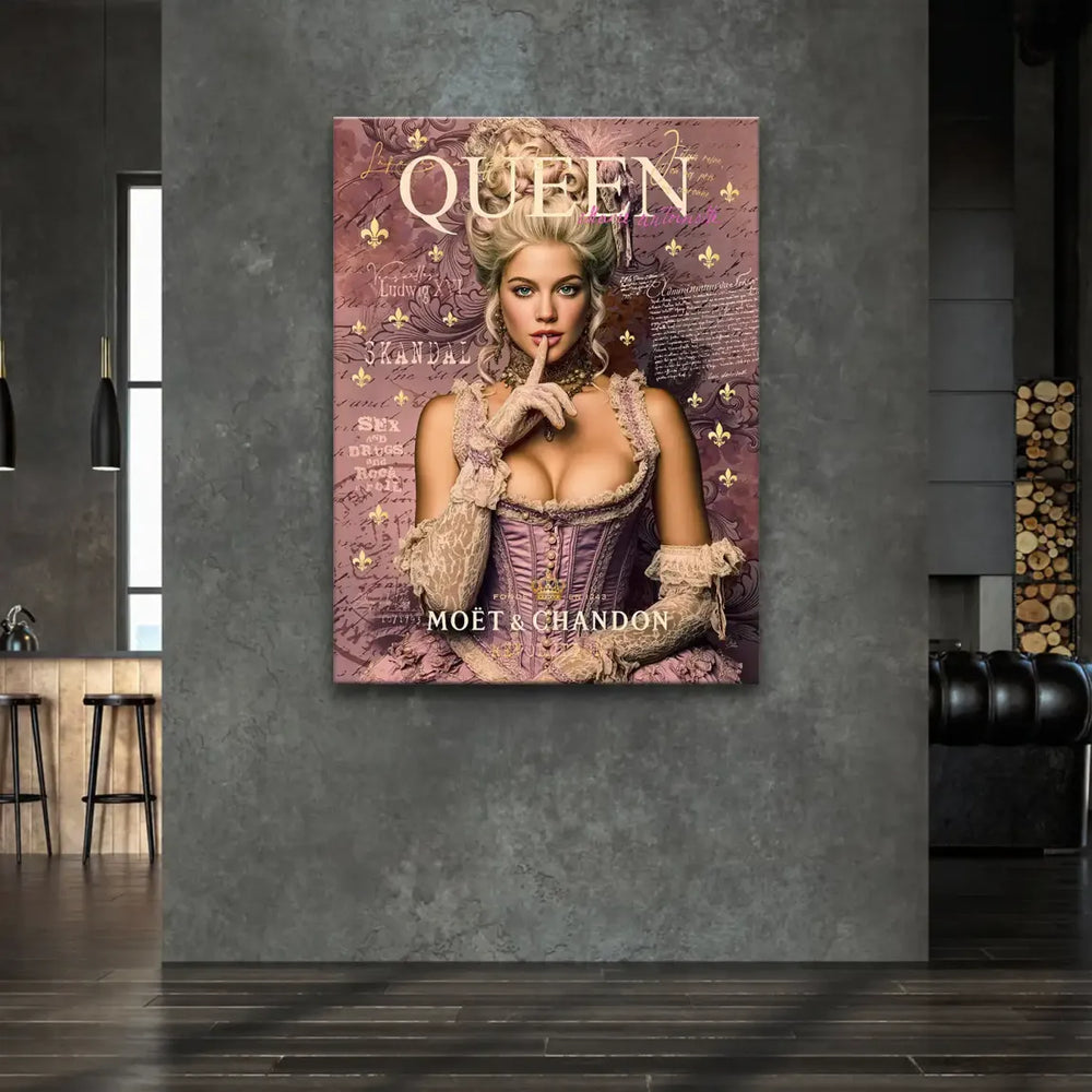 Background features gold fleur-de-lis and scripted elements with QUEEN and MOËT & CHANDON
