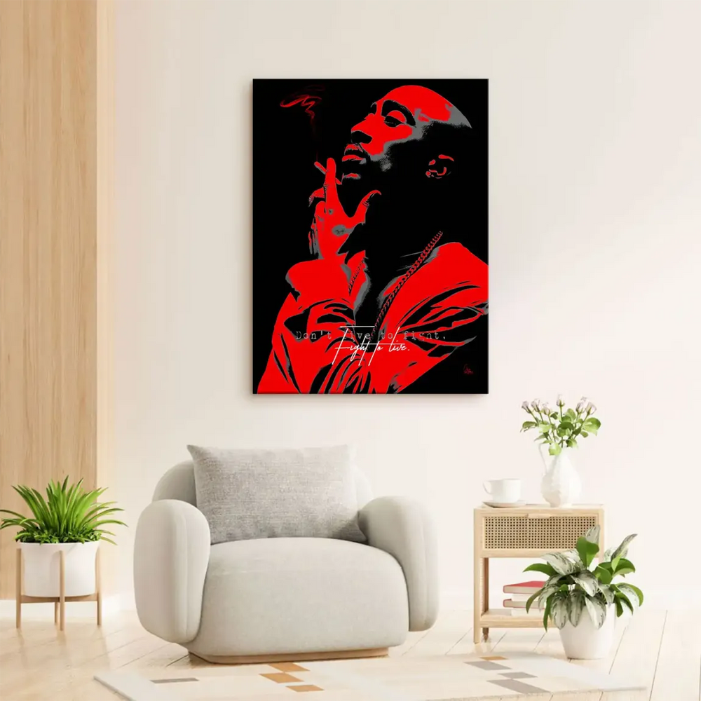 Urban Tupac wall art close-up in red and black graffiti-inspired colors