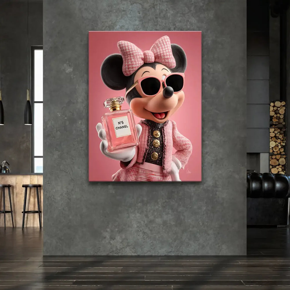 Stylized Minnie Mouse fashion portrait with pink tones and glossy 3D pop art styling.