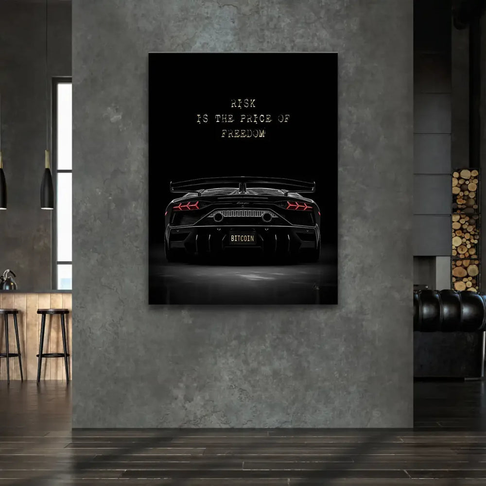 Close-up of metallic gold detailing on luxury car wall art.