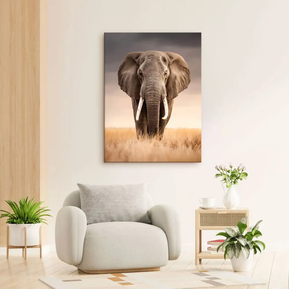 Wildlife wall art featuring a realisitc elephant in a natural, rustic decor setting.