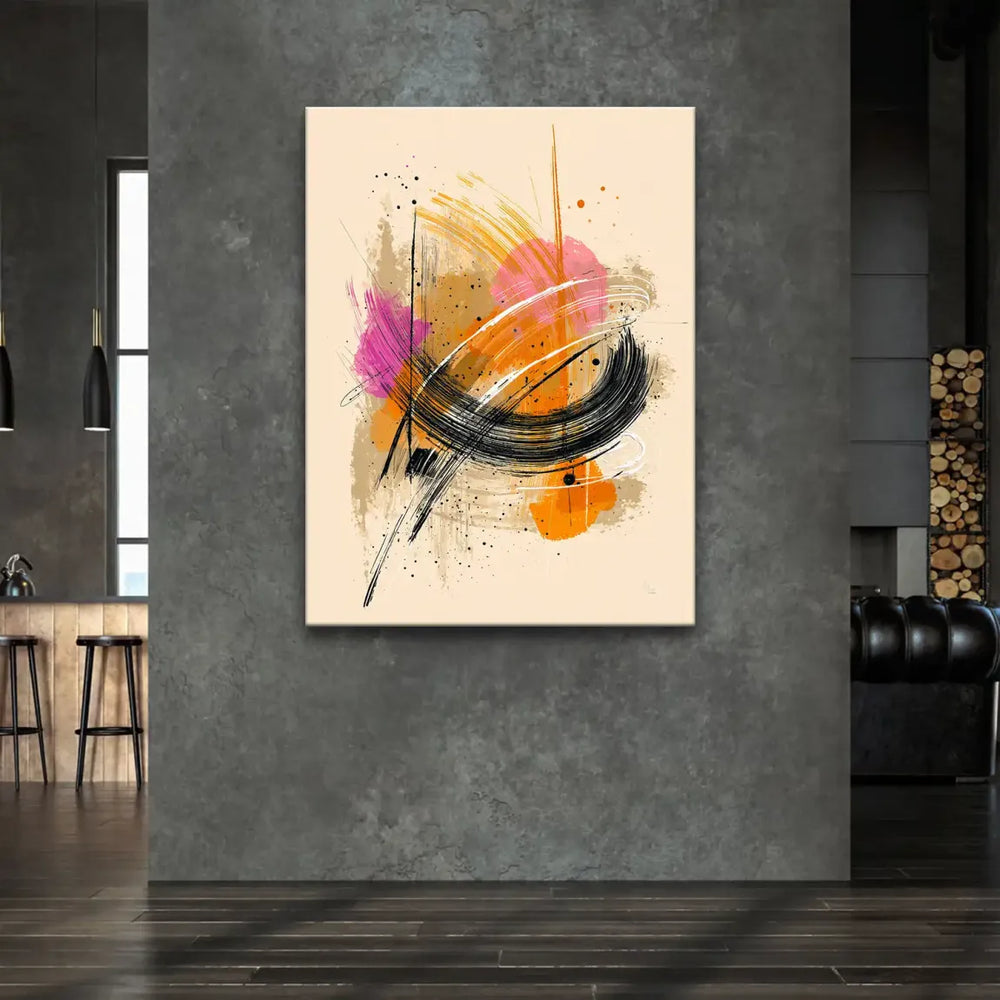 Energetic modern wall art showing gestural brushwork and vibrant color contrast on canvas