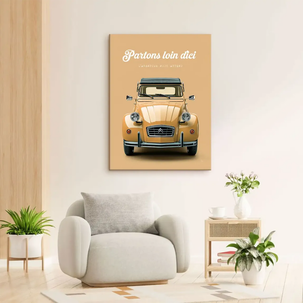 Vintage car wall art featuring a classic Citroën 2CV with a minimalist design and warm tones.