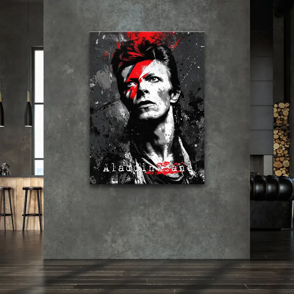 Street Art inspired brushstrokes and paint splatters around Bowie's striking face