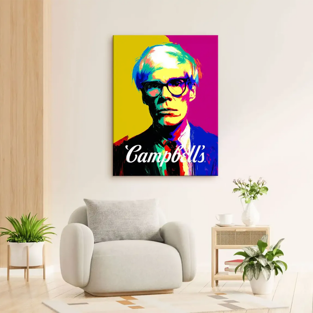 Portrait-style canvas art with iconic Campbell's branding in a vibrant pop art design.
